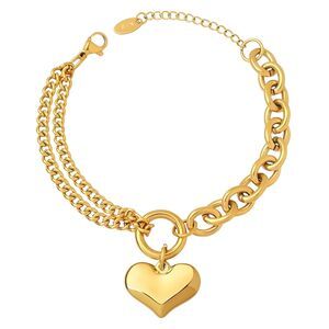 18K Gold Plated Women's Heart Center Charm Bracelet Chunky Chain Bold Fashion